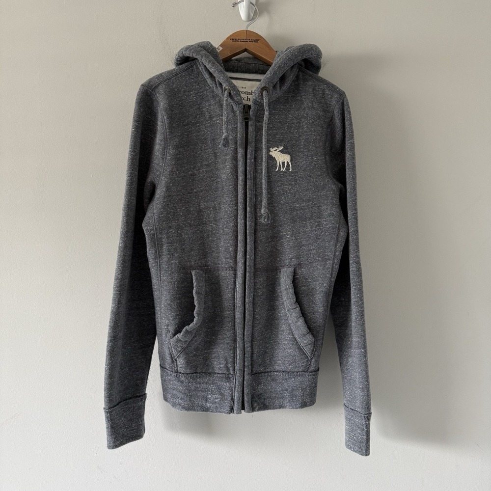Y2K Abercrombie & Fitch Full Zip Hoodie Mens Small Heather Gray Moose Vintage